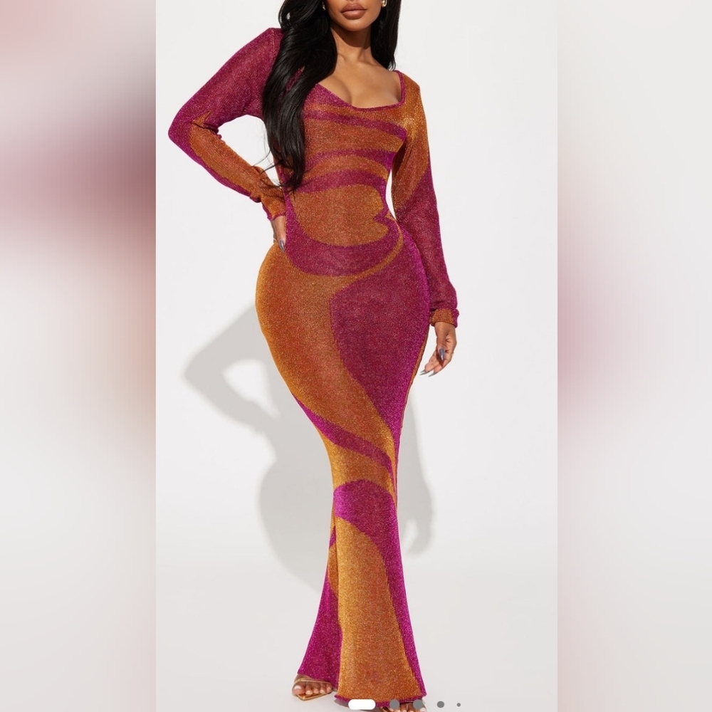 Fashion Nova Long Sleeve Metallic Swirl Maxi Dress in Magenta and Gold